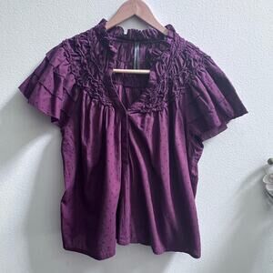By Anthropologie V-Neck Ruffle Layered Sleeve Henley Loose Fit Top Women's Large